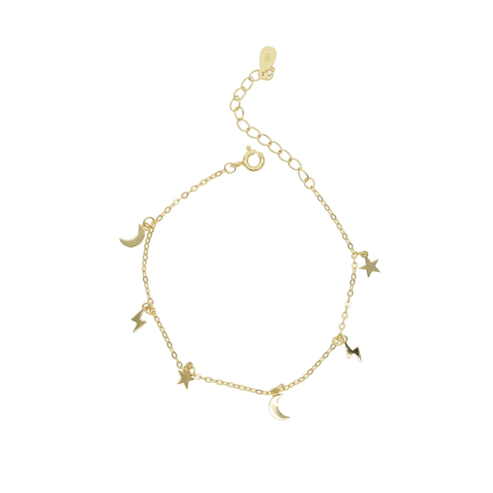 gold bracelet Новинка, Настоящее серебро 925 пробы, мульти Шарм, браслет-цепочка для женщин, леди, освещение, болт, луна, звезда, золото, заполненный, подвеска, ювелирное изделие - Окраска металла: gold bracelet