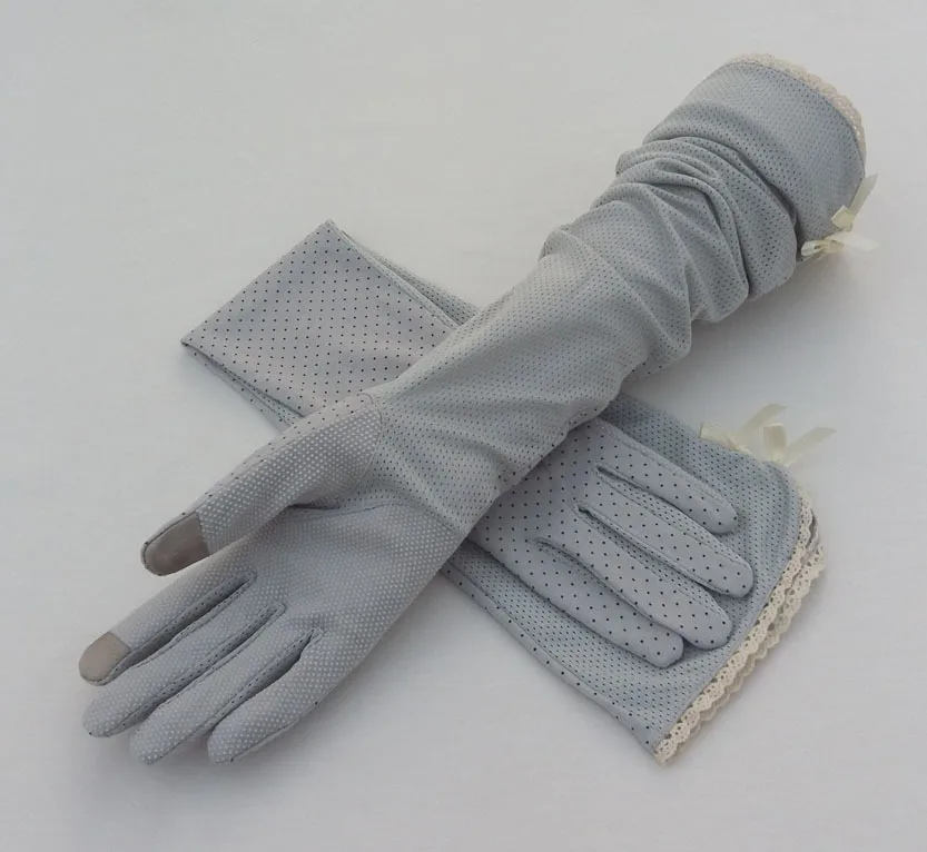 Grey Сенсорный экран перчатки с защитой UV Для женщин хлопок полный палец в горошек длинные перчатки скольжению солнцезащитный крем Женские водительские перчатки до локтя - Цвет: Grey