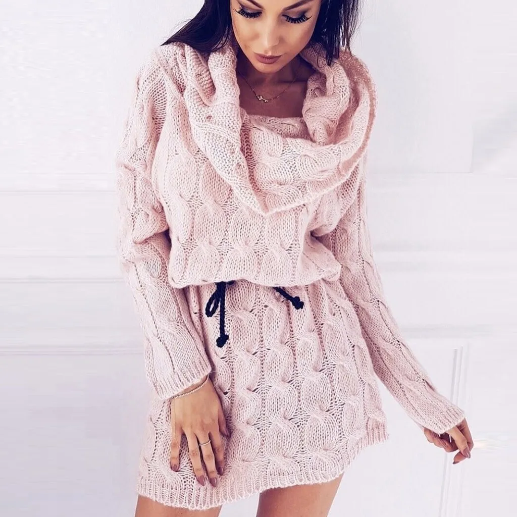 Зимнее платье женское вязаное теплое платье-свитер модное с открытыми плечами
