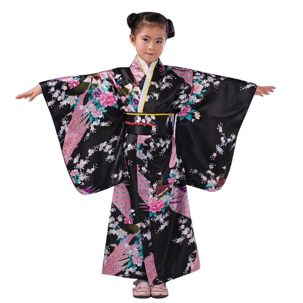 Home&Nest Loose Style Japanese Satin Peacock Print Dress Toddler Kids Baby Girls Outfits Clothes Kimono Robe Traditional Costume