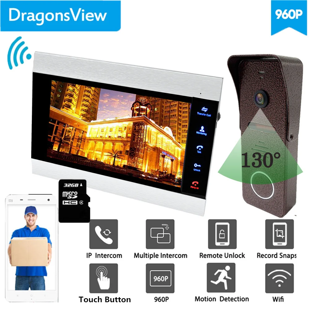 【960P Wide Angle 】Dragonsview Video Door Phone 7 Inch Wireless Home Intercom System Wifi Monitor Doorbell Camera Unlock Record