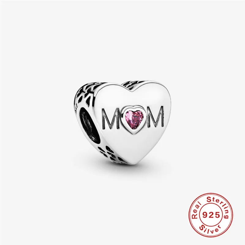MC 925 Silver Letter Heart-shaped Pink CZ Bracelet Beads Charms Fit Original Pandora DIY Jewelry Making For Mother's Day Gift |