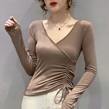 

Sexy V Neck Crop Top Women T Shirt Korean Clothes Cotton T-Shirts Female 2021 Autumn Shirring Long Sleeve Top Tee Shirt Femme
