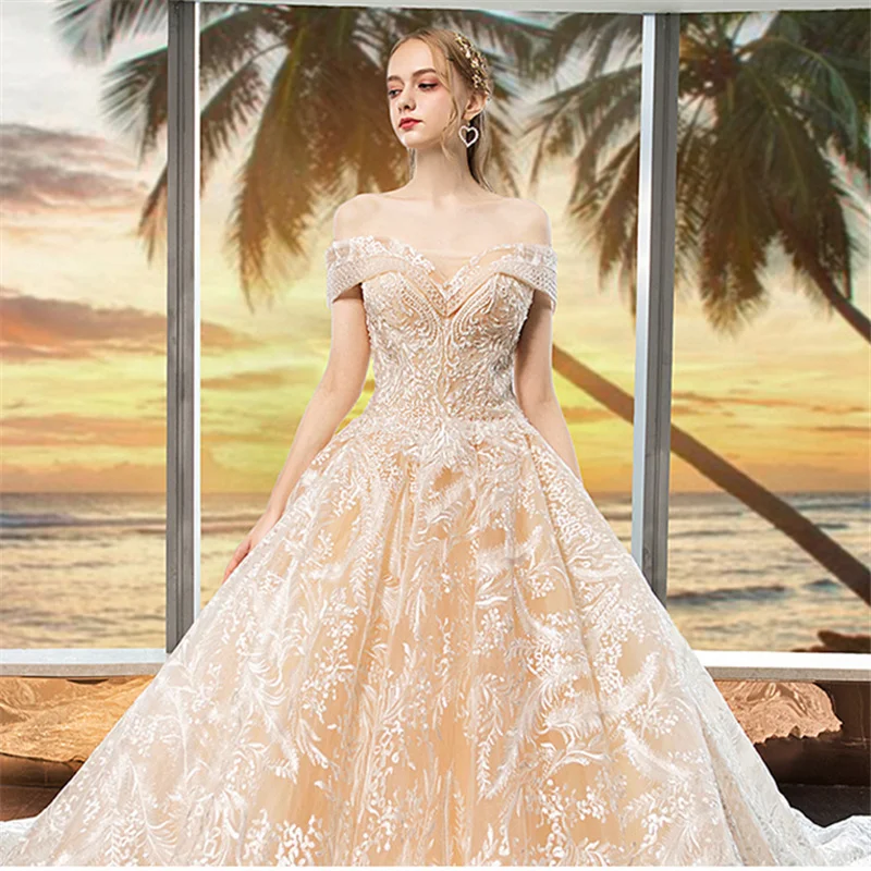 champagnefloorlength Это YiiYa свадебное платье с блестками и бисером свадебное платье es с открытыми плечами Vestido De Novia Элегантные платья для невесты с вырезом лодочкой OY007 - Цвет: champagnefloorlength