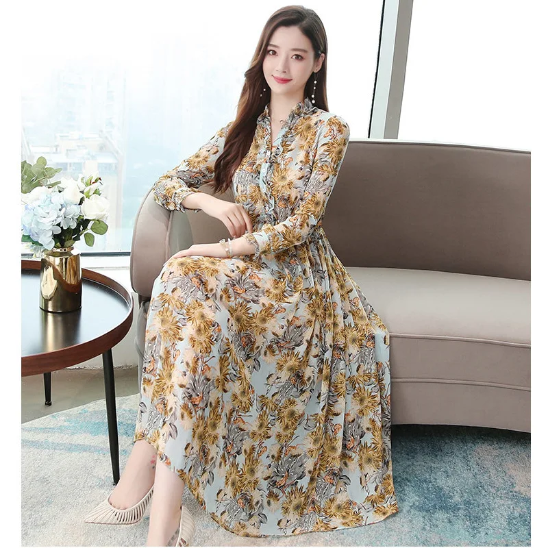 

Ozhouzhan 2019 Autumn Clothing New Style Floral-Print Chiffon Long-sleeved Dress Women's Mid-length Fairy Skirt