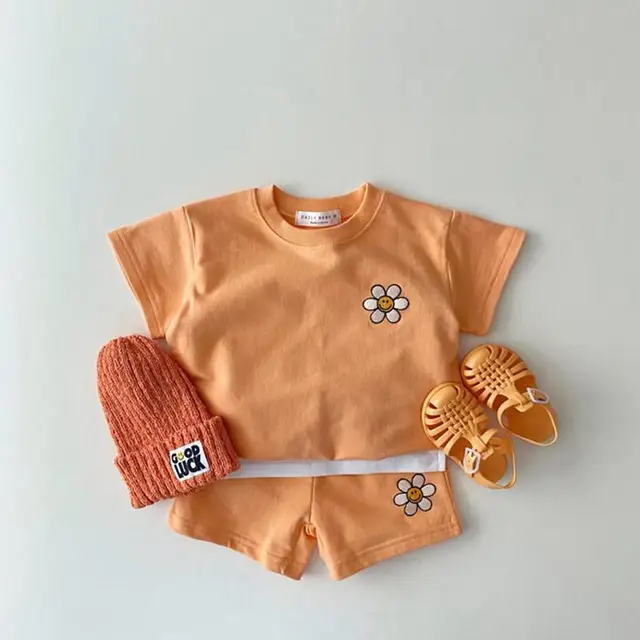 Spring Summer New Cotton Baby Clothes Set Boys And Girl Cute Smiley Print Tops + Shorts 2pcs Kids Children Clothing Suit orange flower