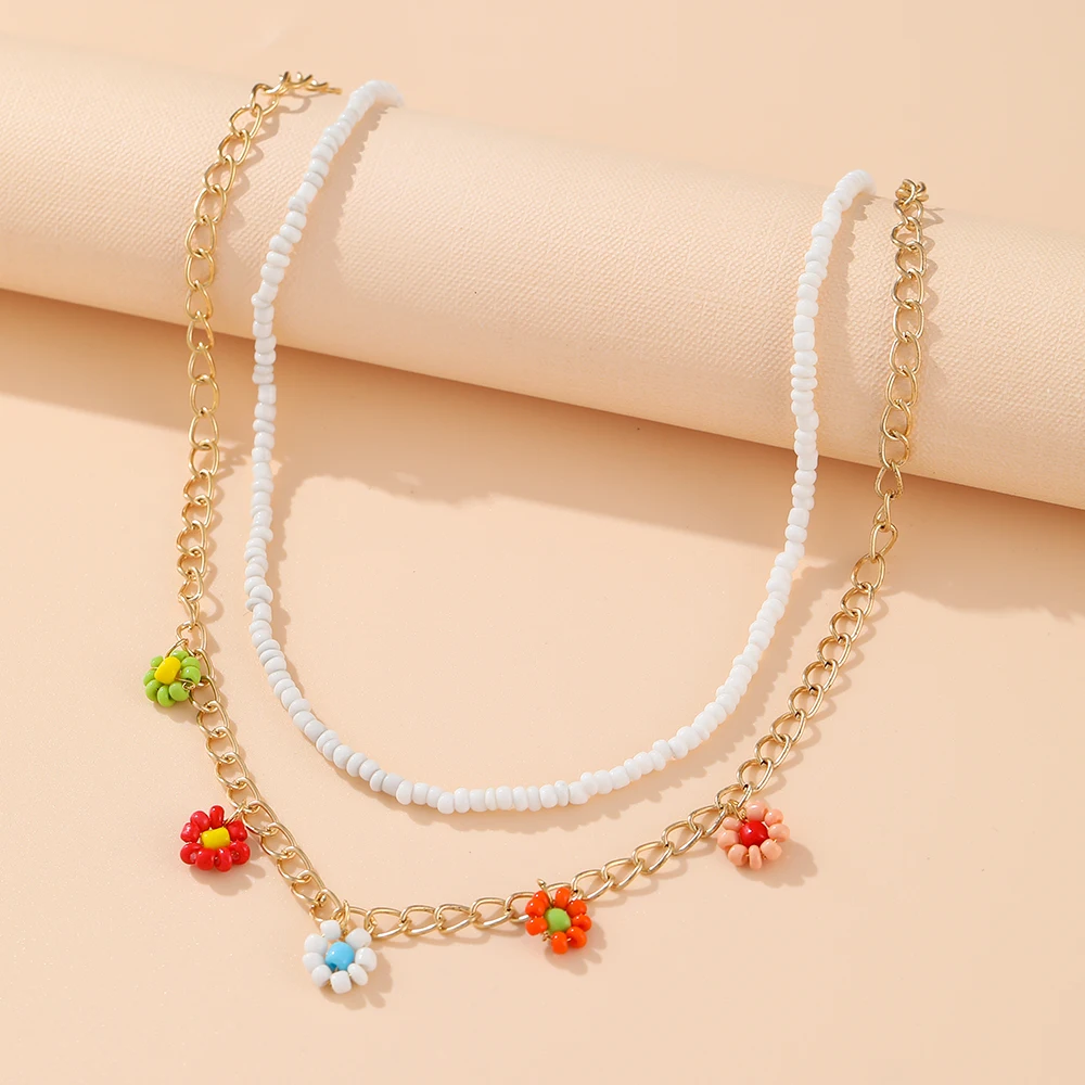 2021 New Lovely Daisy Flower Colorful Beads Pearl Clavicle Choker Necklace for Women Girls Spring Summer Jewelry Wholesale 