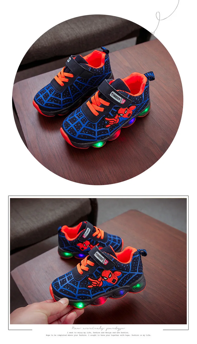 Светодиодный свет, детская обувь, светящаяся обувь с рисунком Человека-паука для мальчиков, Весенняя Мужская и женская спортивная обувь для бега, Детские кроссовки с подсветкой