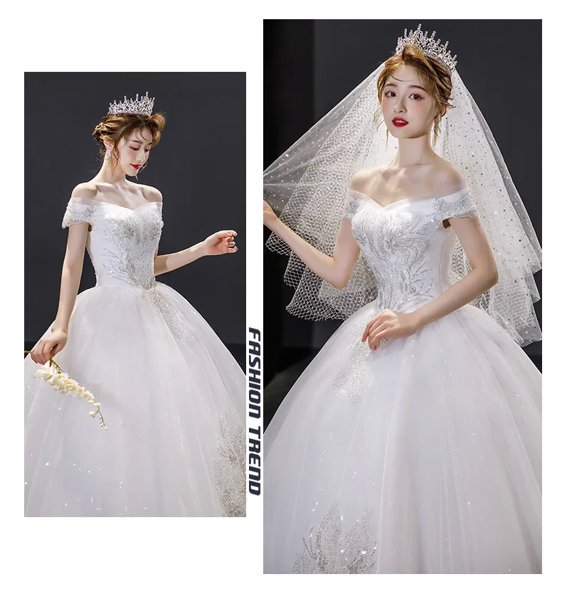 HMHS-102#Wedding Dress Ball Gown Lace Up Long Lace Party Dress New Boat Neck Bride getting married Sequins decorate wedding dresses