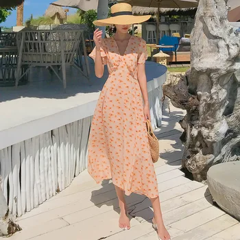 

Women's Dresses 2020 Spring Summer Slim Waist Holiday Floral Eustoma Beach Holiday Skirt Short Sleeve Print Long Dress