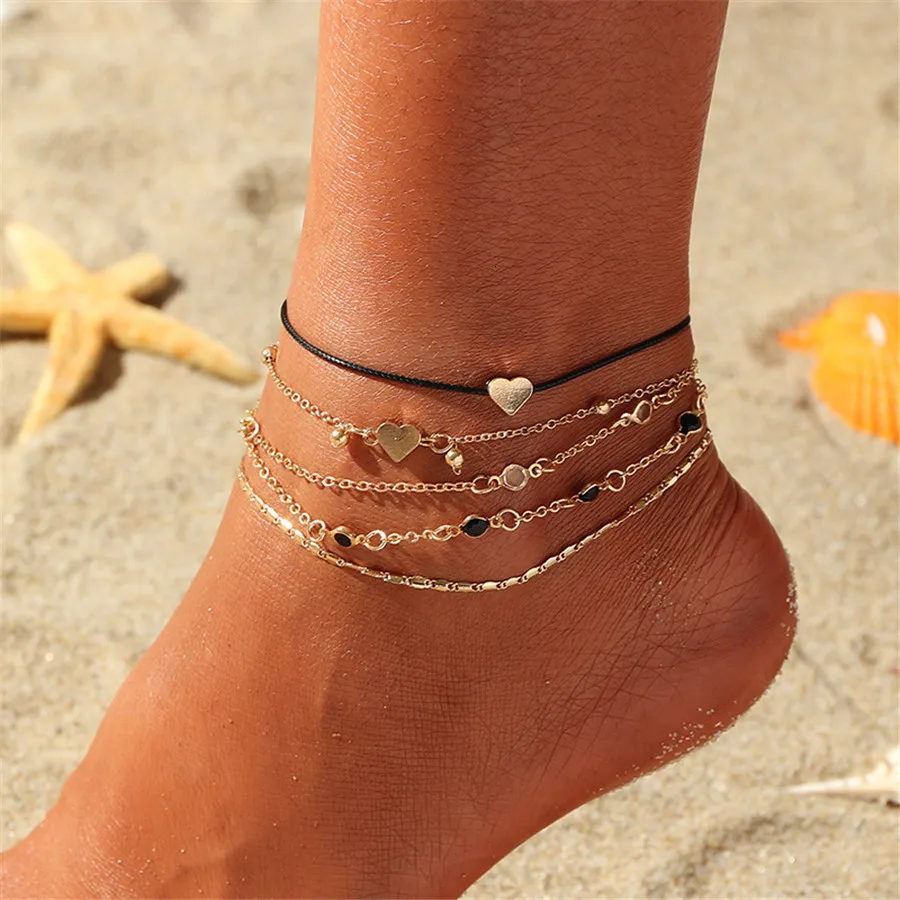 5PCS Set Ankle Bracelet Chains Gold Heart Love Charms Bohemian Boho Leg Bracelets For Women Anklet Foot Accessories Vintage 2019 | Украшения