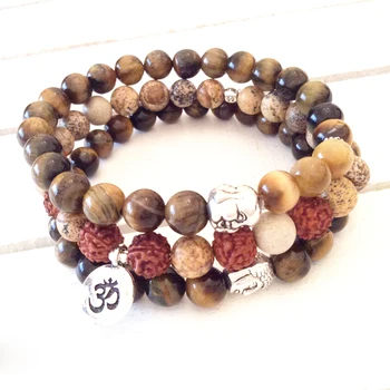 

Wholesale Natural Rudraksha Energy Bracelet 8 mm Picture Jaspers Ohm Charm Bracelet Golden Tiger Eye Stone Bracelet