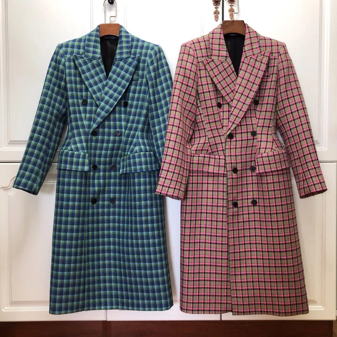 

2019 new ladies high quality fashion long-sleeved lapel double-breasted contrast plaid windbreaker jacket 0903