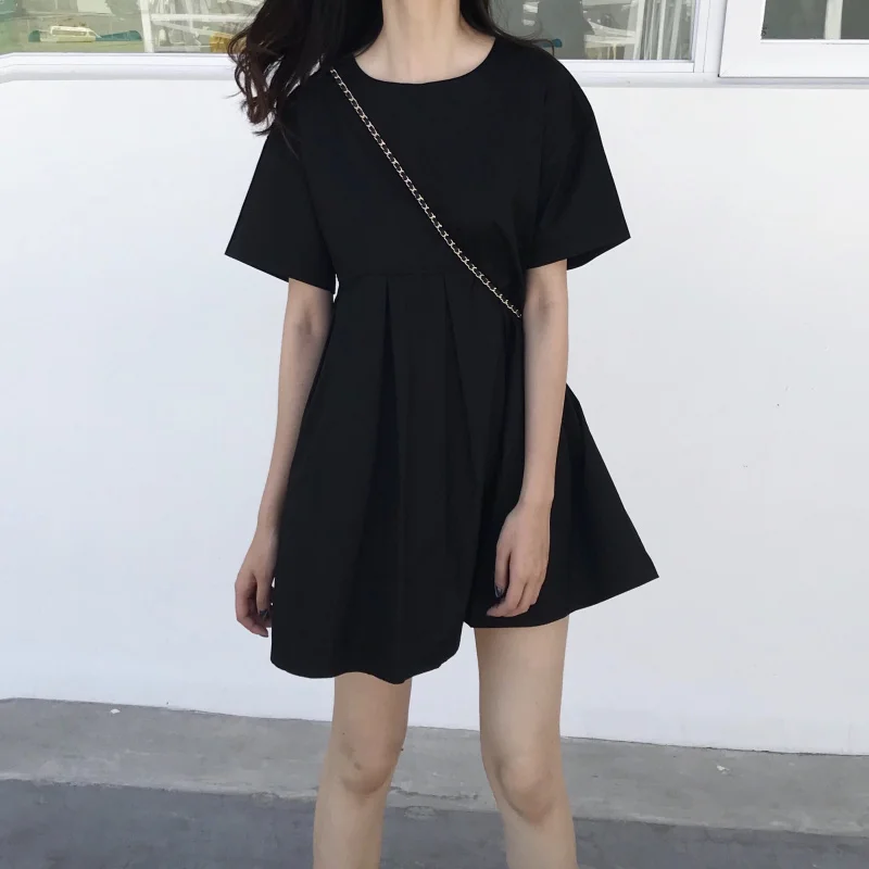 Women's Clothing Dresses moda feminina Temperament pleated solid o-neck sweet style summer mini-dress Ladies hot Black red wine