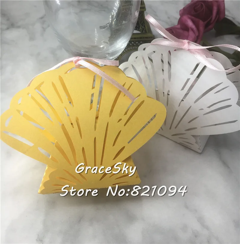 

50pcsFree Shipping Laser cut Shell design Paper Gift Candy Boxes Christmas Birthday Wedding candy chocolate Boxes Party supplies