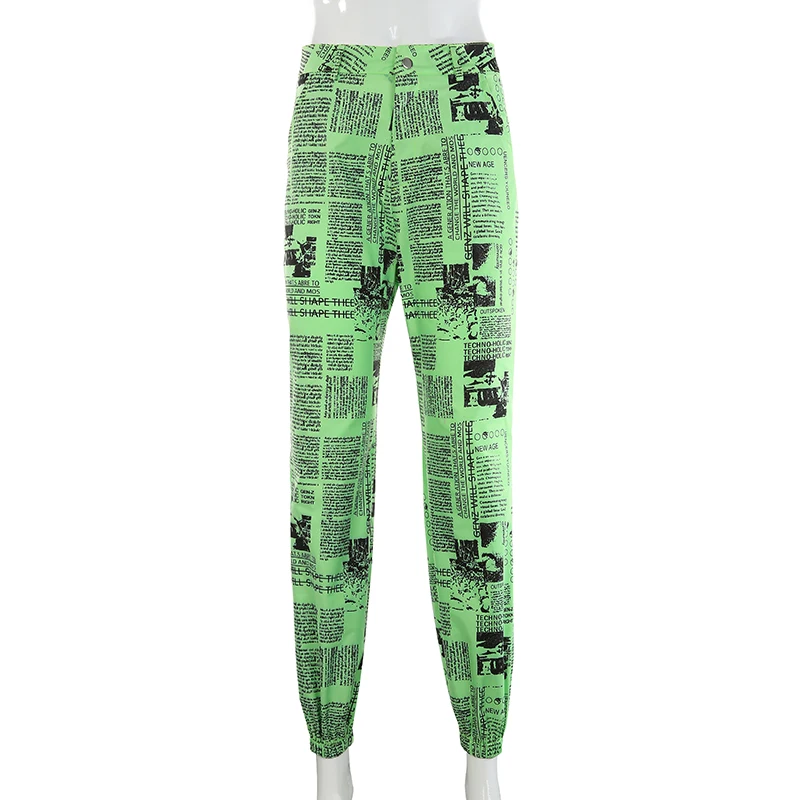 Waatfaak хип-хоп брюки карго женские газетные повседневные джоггеры Модные Зеленые Длинные шаровары Харадзюку мешковатые с карманами