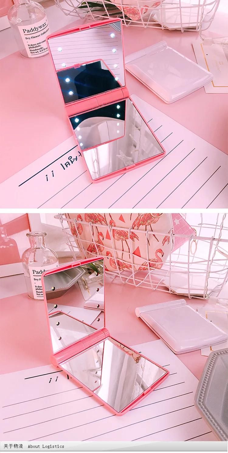 LED Folding Mini Cosmetic Mirror Portable Cosmetic Mirror with Lamp Hand-Held Press Switching Night Makeup Mirror