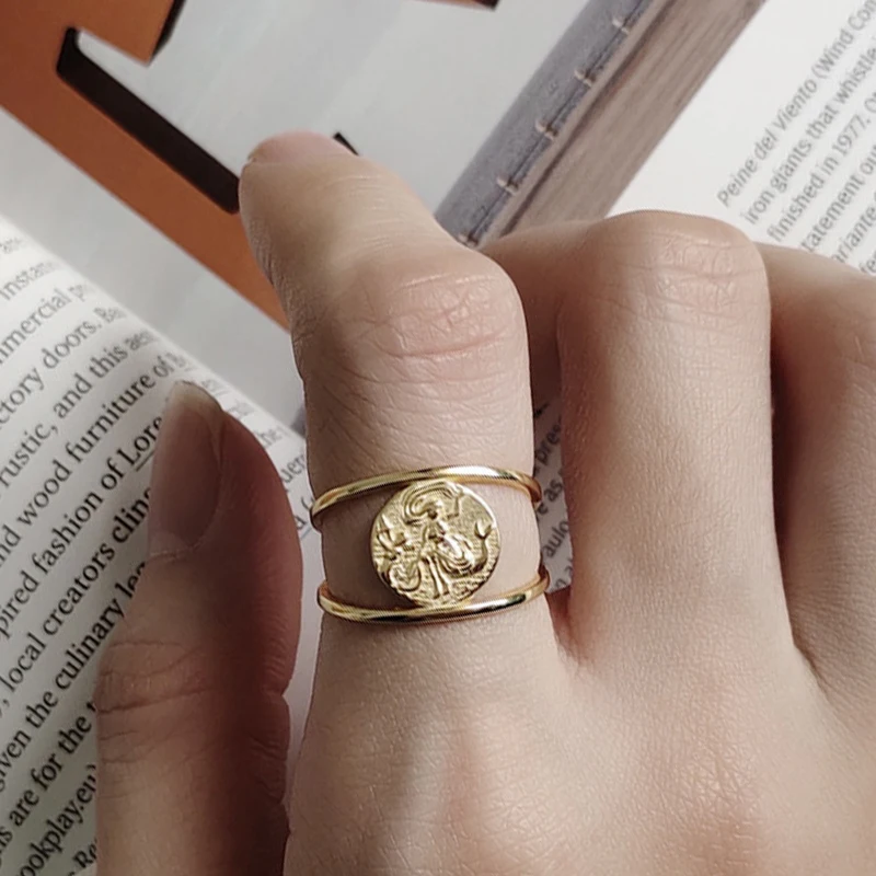 

Gold Mermaid Adjustable Ring Layered Line Wide Spoon Ring Round Coin Figure Character Ring Open Ocean Jewelry Gift For Her