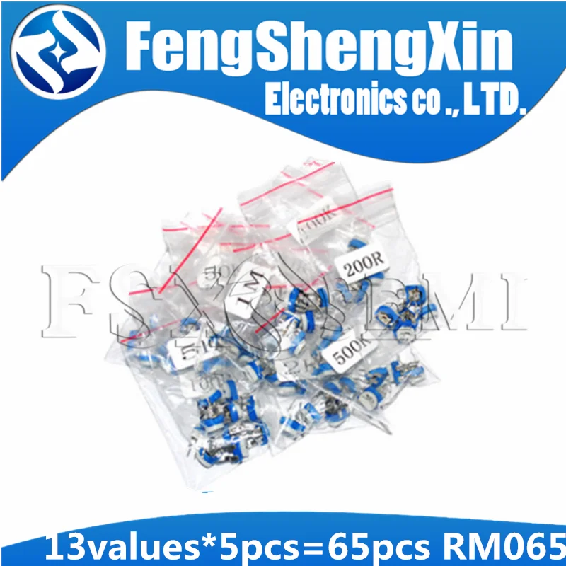 Multiturn potentiometer linear potentiometer rotary potentiometer potentiometer kit trimmer potentiometer adjustable resistor electronic components 13values*5pcs = 65pcs Trimming potentiometer RM-065 top adjustment 100R-1M RM065 Variable resistors assorted kit 100R 200R 1K 10K