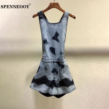 

SPENNEOOY Designer Custom Runway Women Summer Street Solid Denim Jumpsuits Ladies Pockets Fashion Sexy Backless Playsuits
