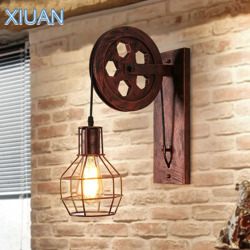 American Vintage Wall Lamp Industrial Home Interior Fixture Pully Metal Cage Bedside Wall Light Corridor Stair Foyer Hotel Decor