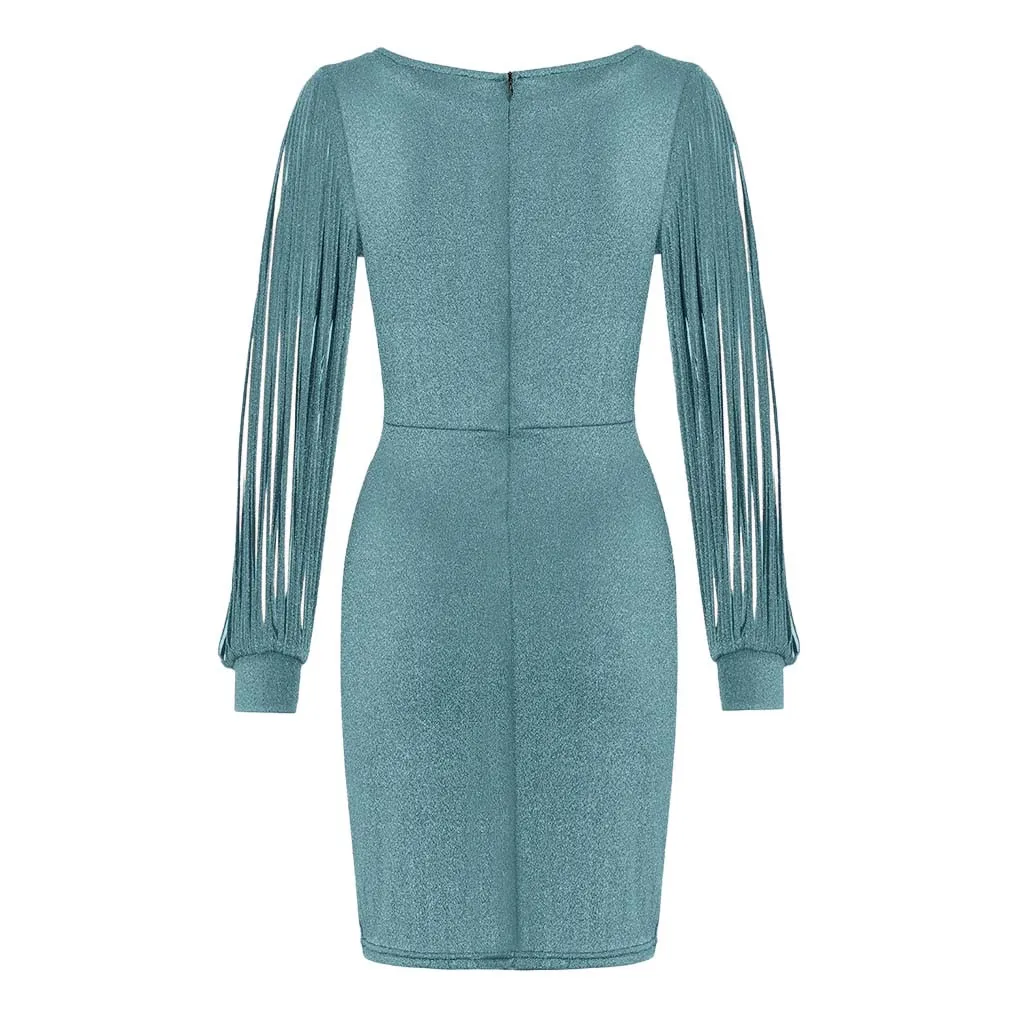 New Fashion Sexy Women V Ncek Solid Sequined Glitter Stitching Shining Club Sheath Long Sleeved Mini Dress For Female