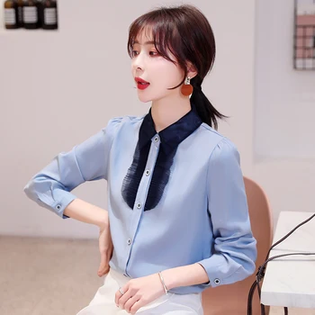 

COIGARSAM Korea Style Full Sleeve Shirt Womens tops Spring Office Lady Chiffon Solid Women shirts White Blue 6190