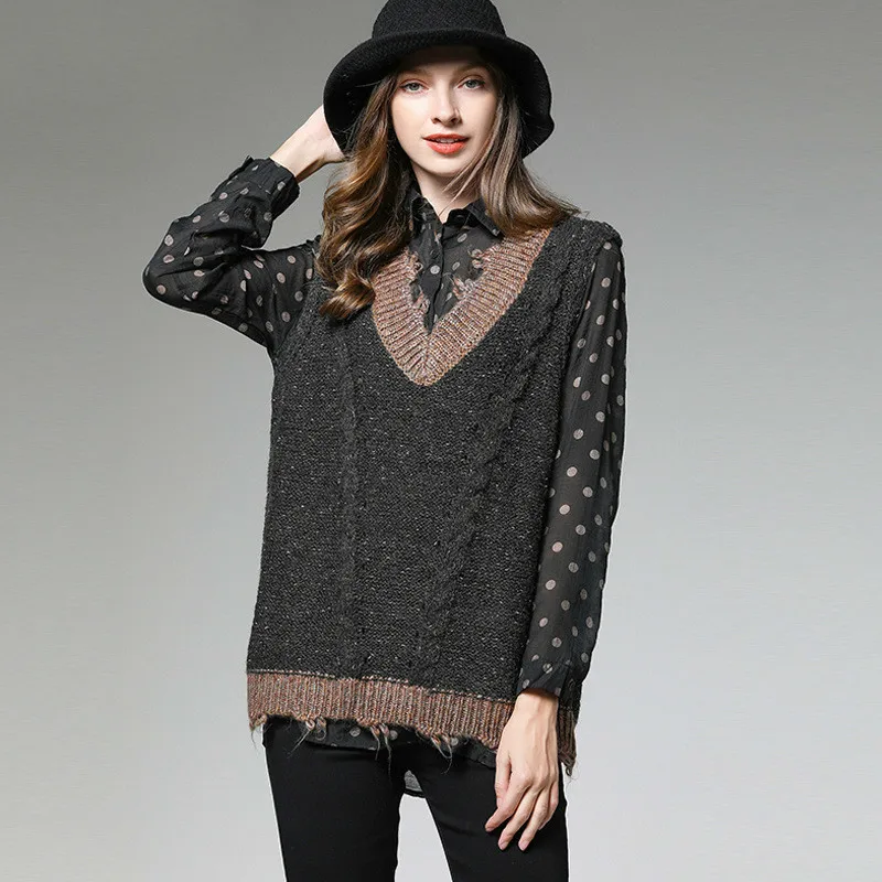 

MEVGOHOT 2019 Woman Vintage Patchwork Knitted Vest Sleeveless V-neck Cotton Worn-out Sweaters Femme Retro Tops HC088