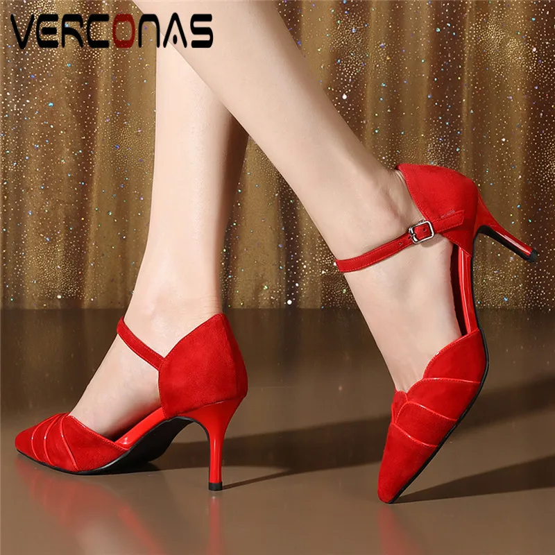 

VERCONAS Women Buckle Lace Up Party Pumps High Quality Pointed Toe Thin Heels High Heeled Sandals Elegant Summer Shoes Woman