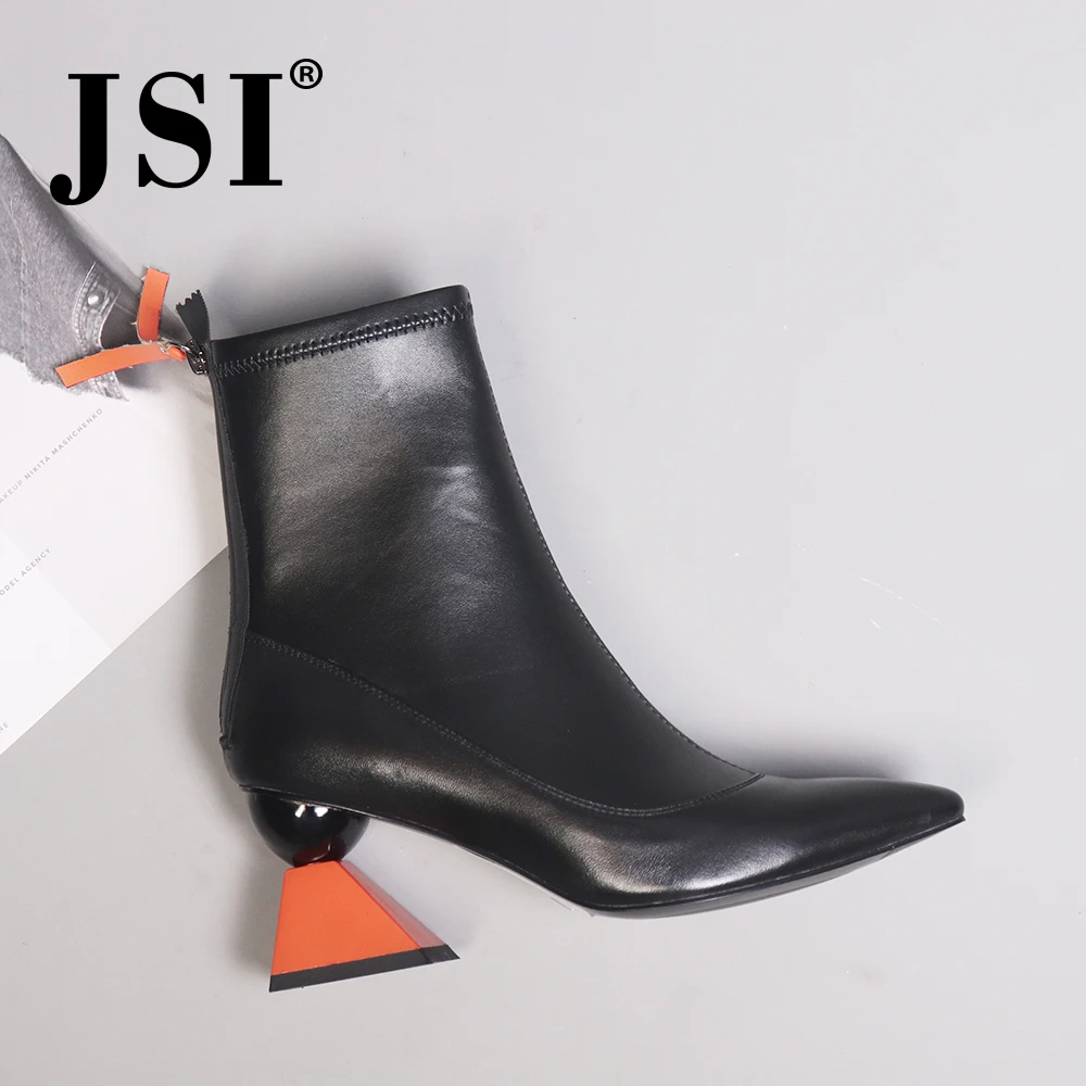 JSI/ботинки; женские ботильоны из натуральной кожи с острым носком; зимние модные однотонные классические женские ботинки на высоком квадратном каблуке, на молнии; C426