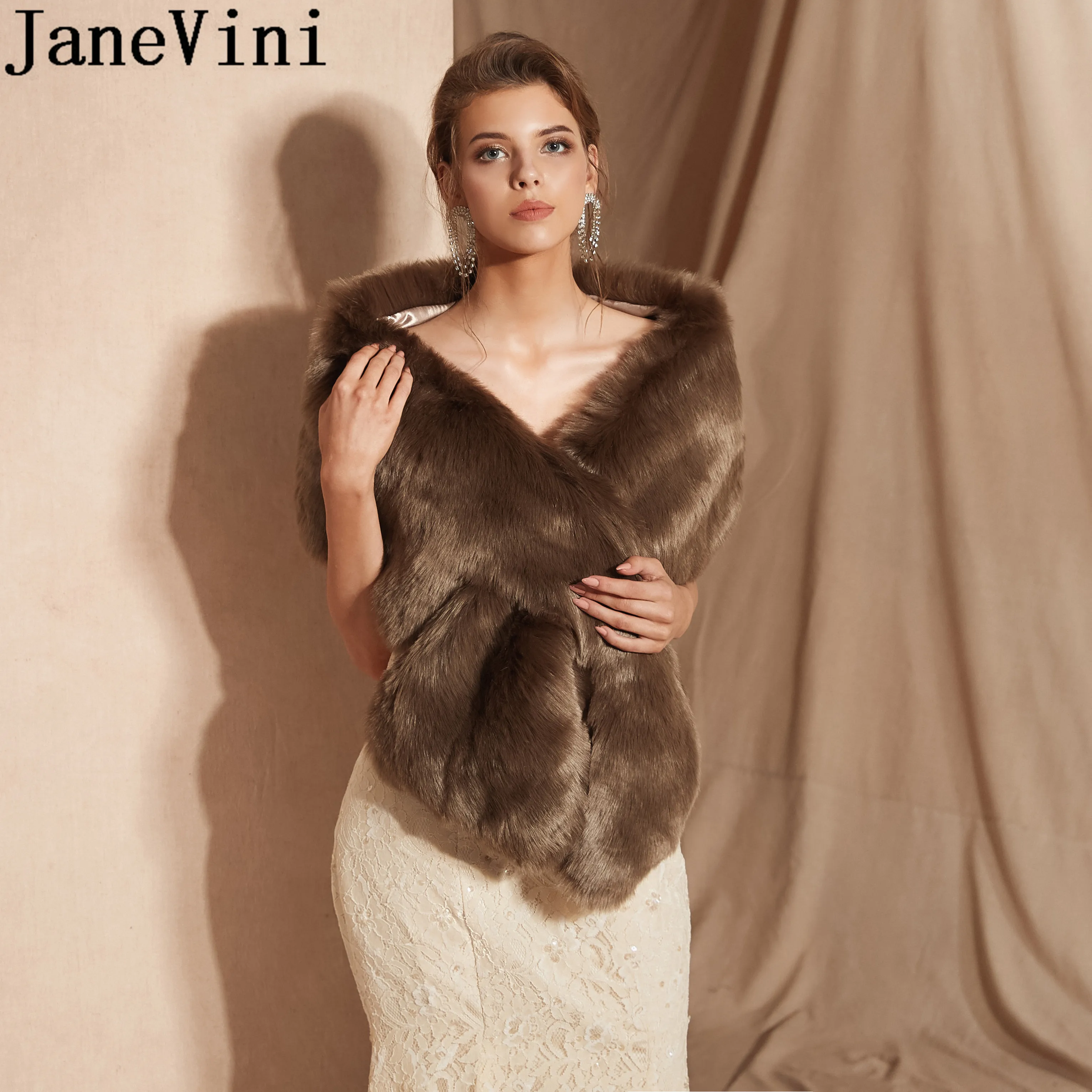 

JaneVini Winter Fur Wedding Bolero Cape Chaquetas Mujer Women Accessories Faux Fur Bridal Wrap Jacket Shawl Evening Dress Capes