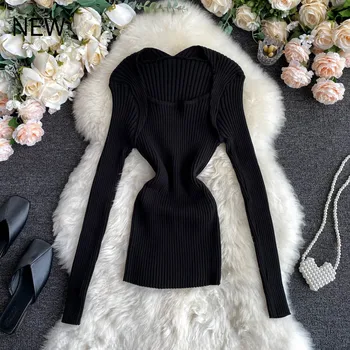 

Women's Spring Autumn Top New Solid Color Leaky Collarbone Square Neck Top Korean Basic Simple Slim Bottoming Female Tops LL131