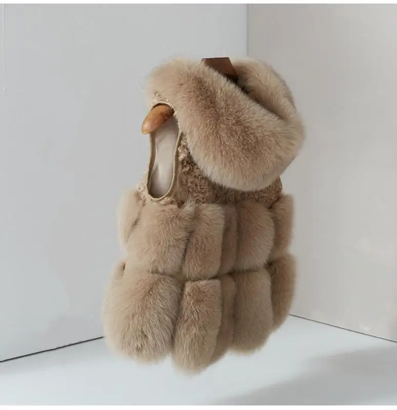 5 Beige Дизайн, женский жилет с капюшоном из натурального Лисьего меха, толстый осенний зимний жилет из натурального Лисьего меха, Меховая куртка, жилет с меховым капюшоном - Цвет: 5 Beige