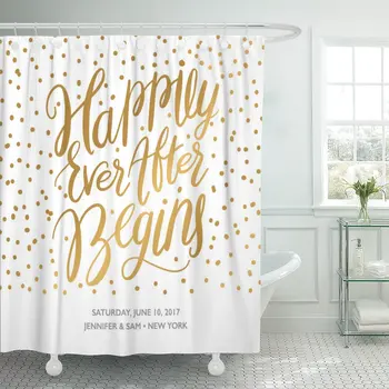 

Gold Save The Date with Phrase Happily Ever After Begins Wedding Shower Curtain Polyester 72 x 72 Inches Set with Hooks