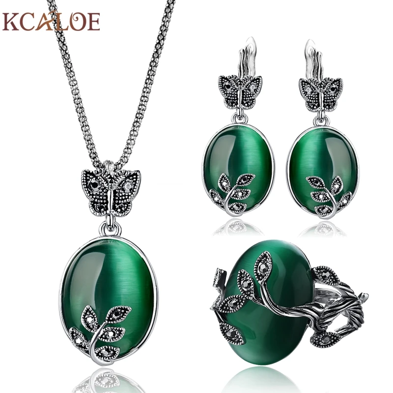 KCALOE, большой натуральный камень, Зеленый Опал, ювелирные наборы, античный черный лист с кристаллами стразами, кулон и ожерелье, серьги, кольцо