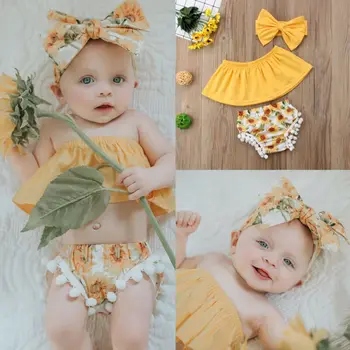 

Goocheer Fashion Casual Cotton Blend Print 3Pcs Newborn Infant Baby Girl Outfits Clothes Off Shoulder Tops Shorts Headband
