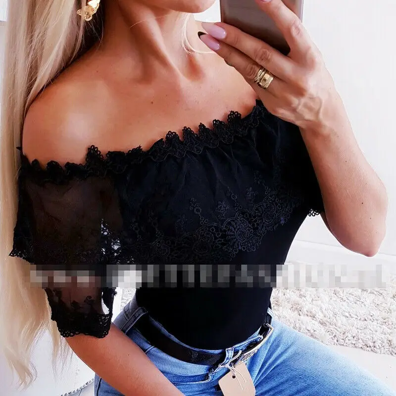 Женская Кружевная футболка с открытыми плечами черная или белая Повседневная