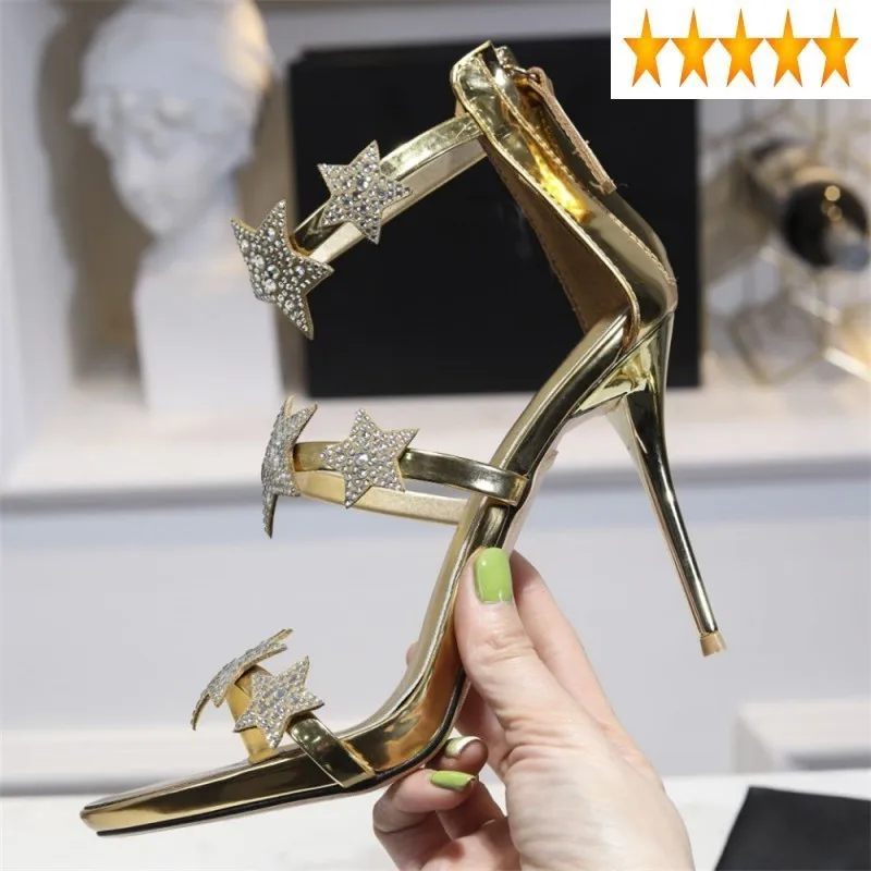 Kůže 2021 100% reálný ženy sexy otevřený prst hubený vysoký večírek šaty sandály zlato kotník řemen podpatky léto obuv