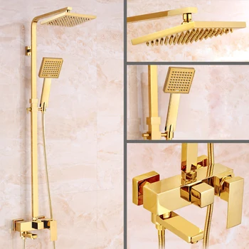 

Deck Mounted Bathroom 8" Square Rain Shower Faucet In-wall Outdoor Swivel Tub Spout Bath and Shower Mixer Taps with Handshower