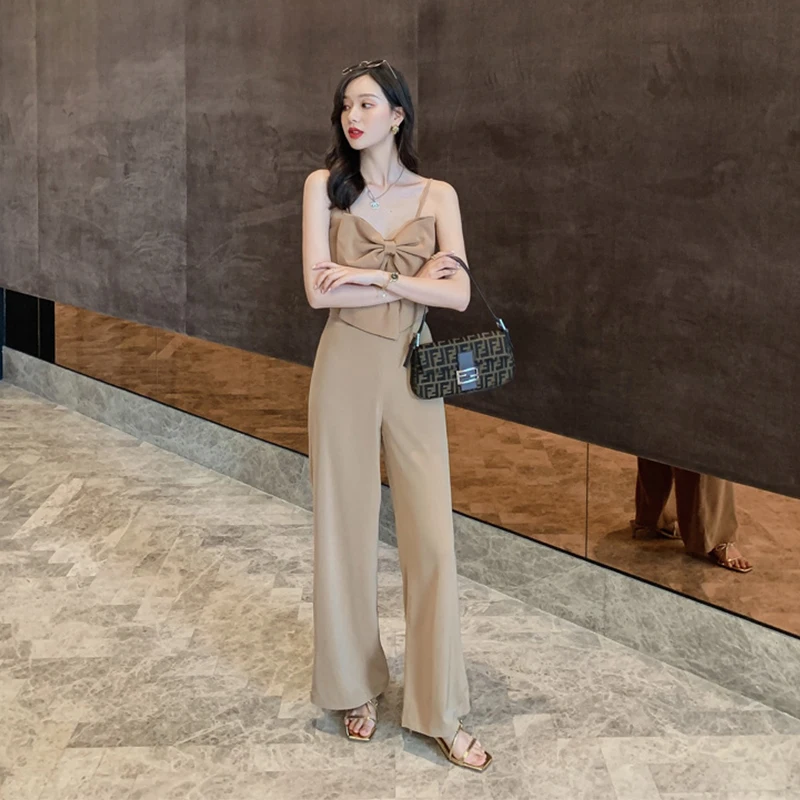 

New Arrival Fashion 2 Piece Set Women Summer Elegant Sexy Spaghetti Strap Bow Temperament Simple ShortTops And Wide LongPants