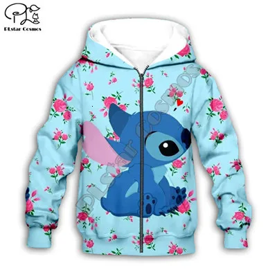 Детская одежда; толстовки с капюшоном в стиле аниме kawaii Lilo Stitch 3d; толстовка для мальчиков с героями мультфильмов; стильная одежда на молнии-1 - Цвет: Black