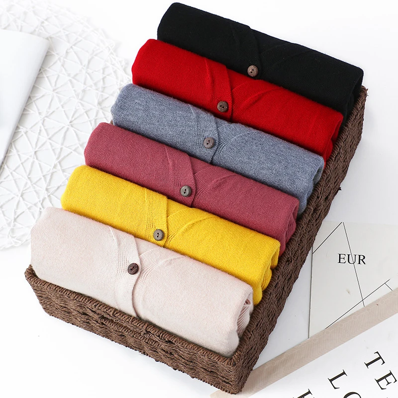 

6 Colors Knitted Cardigans Autumn Winter Short Cardigan Women Casual Long Sleeve Tops V Neck Solid Women Sweater Coat