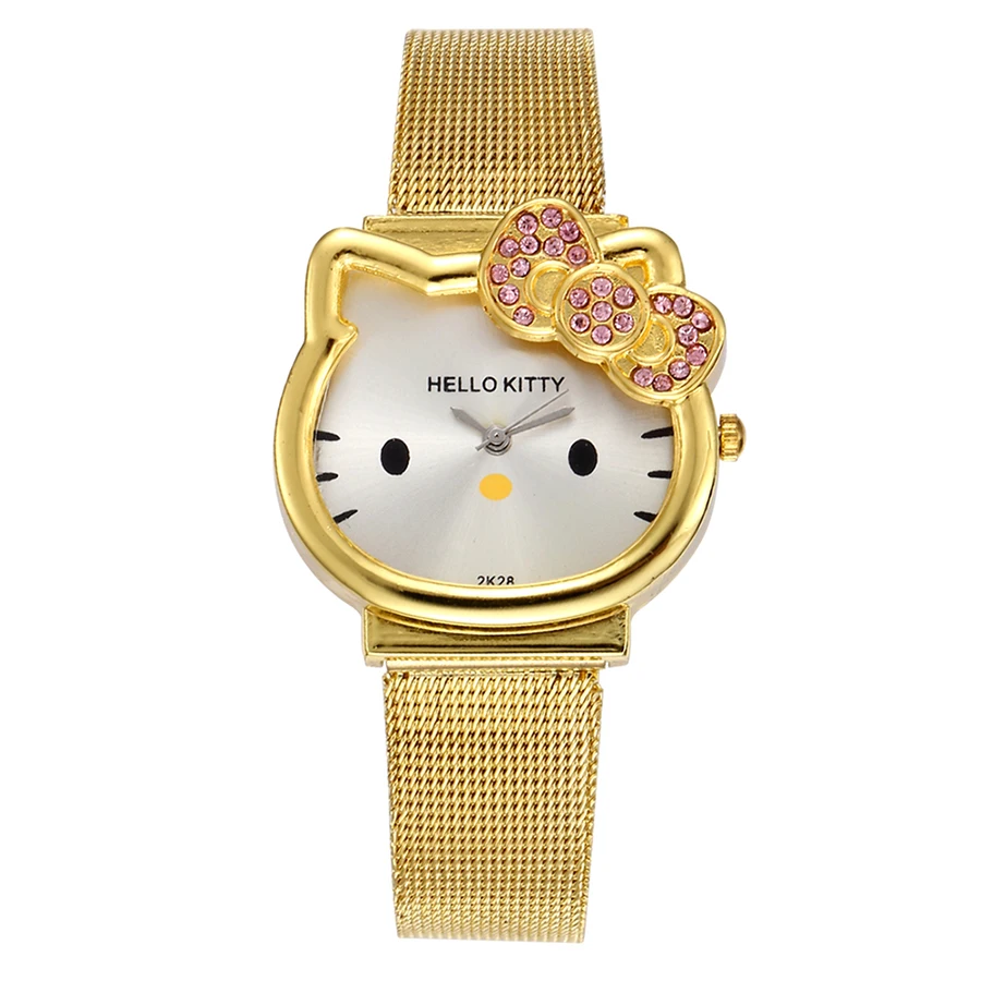Кварцевые часы с кошкой hello kitty, женские Роскошные модные женские часы для девушек, новинка, серебряные сетчатые часы со стальным ремешком, милые наручные часы с кристаллами и золотом
