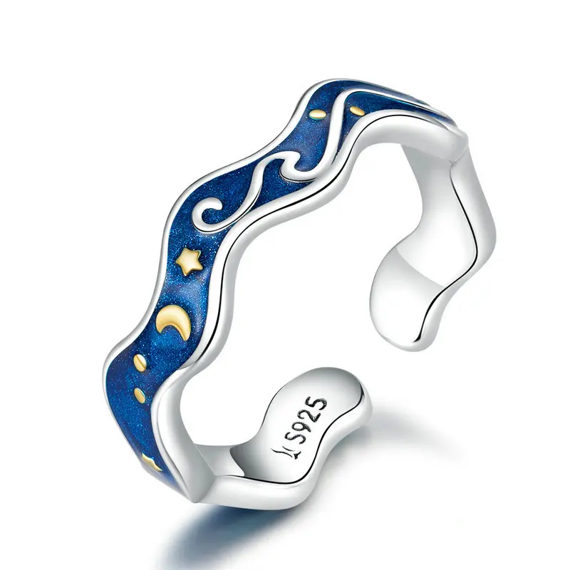Bamoer, Стерлинговое серебро 925, кольца для влюбленных, для пары, голубое звездное небо Ван Гога, кольцо с открытым пальцем, дизайнерские ювелирные аксессуары SCR608 - Цвет камня: SCR608