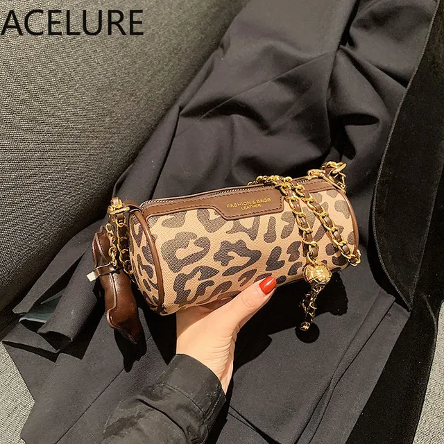 BS ACELURE Hot Fashion Metal Chain Small Shoulder Bags Female New Pillow Leopard PU Leather Cylinder Bags Ladies Small Handbag 3