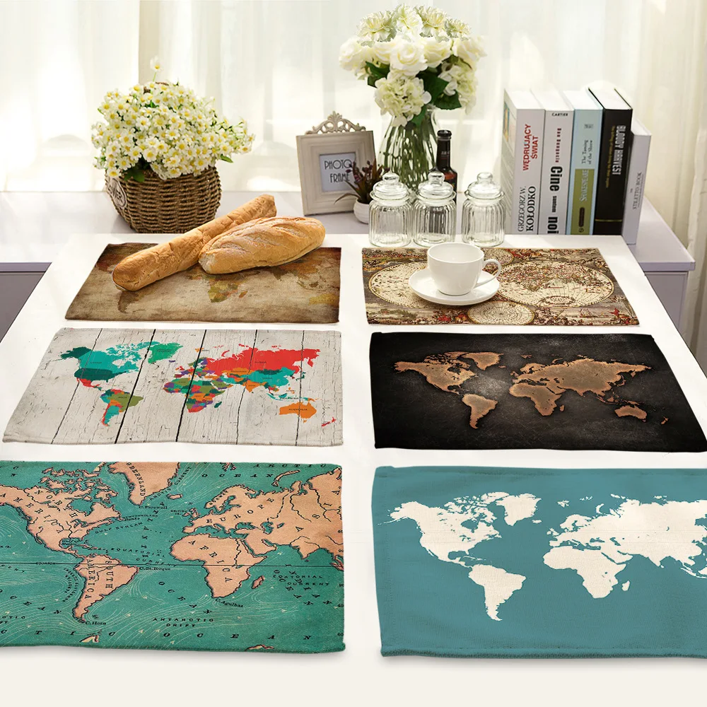 

World Map Pattern Placemats for Kitchen Table Rectangle Linen Place Mats for Dining Table Mat Dinner Manteles Individuales