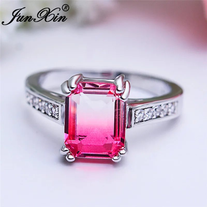 Pink White Ring Классические квадратные радужные Хрустальные Обручальные кольца для женщин 925 серебряный цвет синий розовый зеленый обручальное кольцо с камнем мистические ювелирные украшения CZ - Цвет основного камня: Pink White Ring