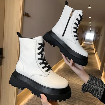 online 2020 Cor Branca Botas De Tornozelo Couro Macio Mulheres Plataforma Da Motocicleta Botas Femininas Outono Inverno Sapatos Mulher Goth Botas Curtas