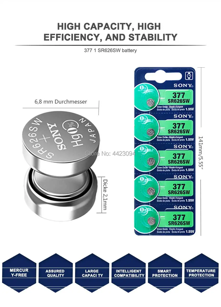 5pc Sony 100% Original 377 SR626SW SR626 AG4 1.55V Silver Oxide Watch Battery SR626SW 377 Button Coin Cell MADE IN JAPAN 3