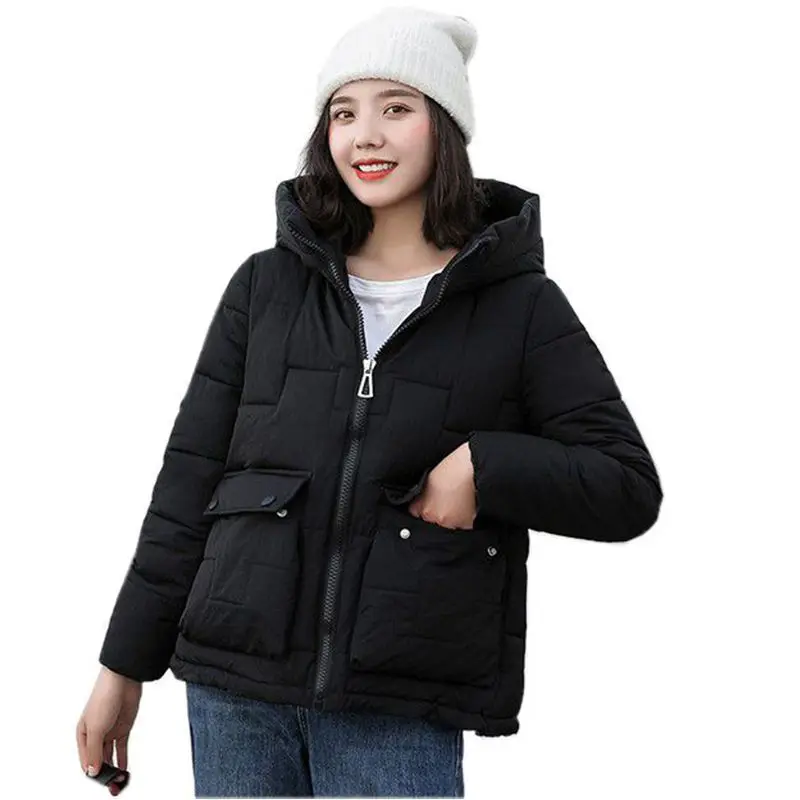 

2019 Autumn and Winter Parka Short Jacket Hooded Down Cotton Coat Women's Fashion Solid Color Slim Warm Coat